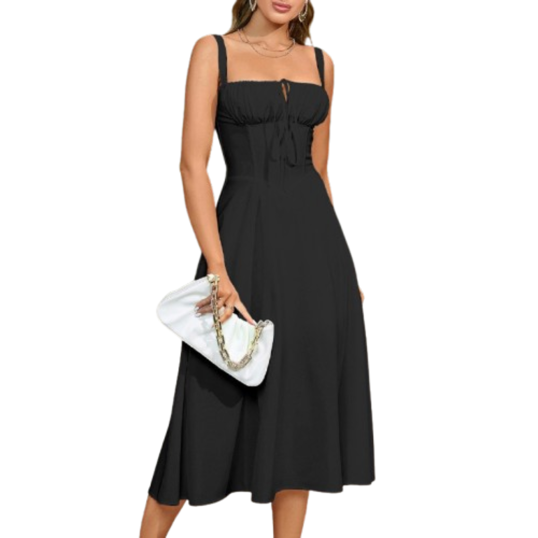 ARIELLOU™ – Elegant Lace-Up Square Neck Midi Dress