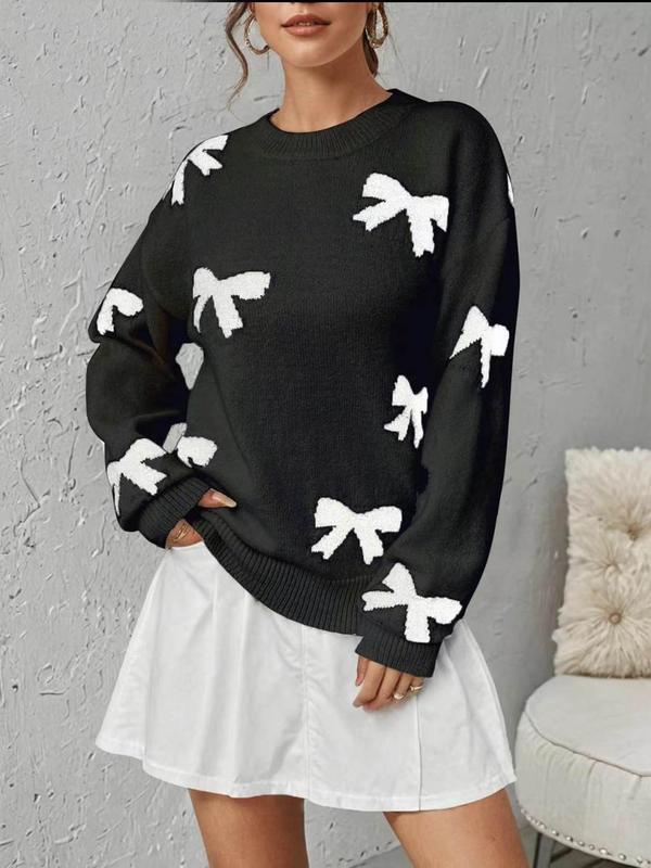FRANCES™ - Fashionable Bow Print O-Neck Knit Winter Sweater Pullover