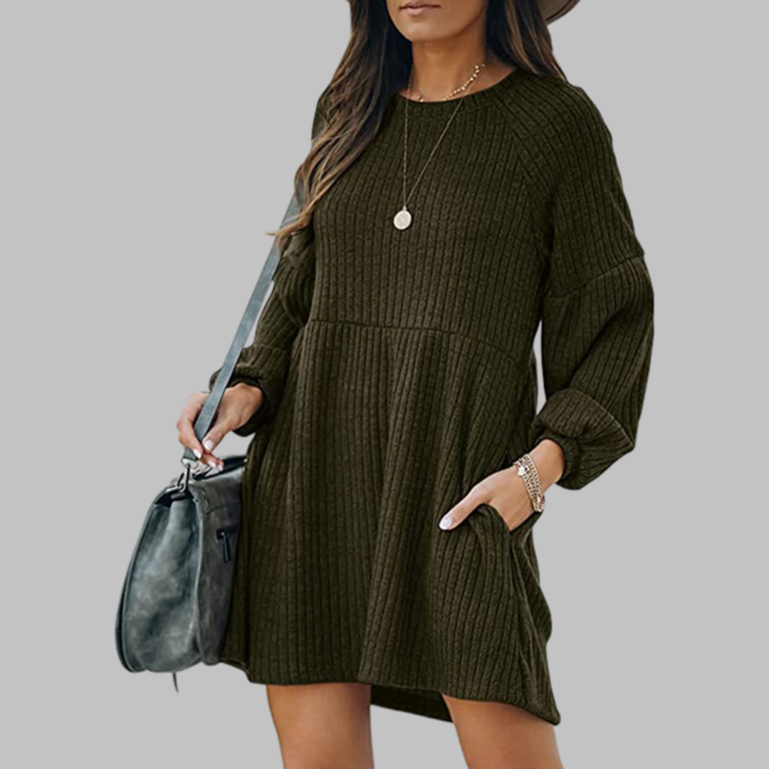 MONGO™ - Cozy Ribbed Bishop Sleeve Round Neck Mini Dress