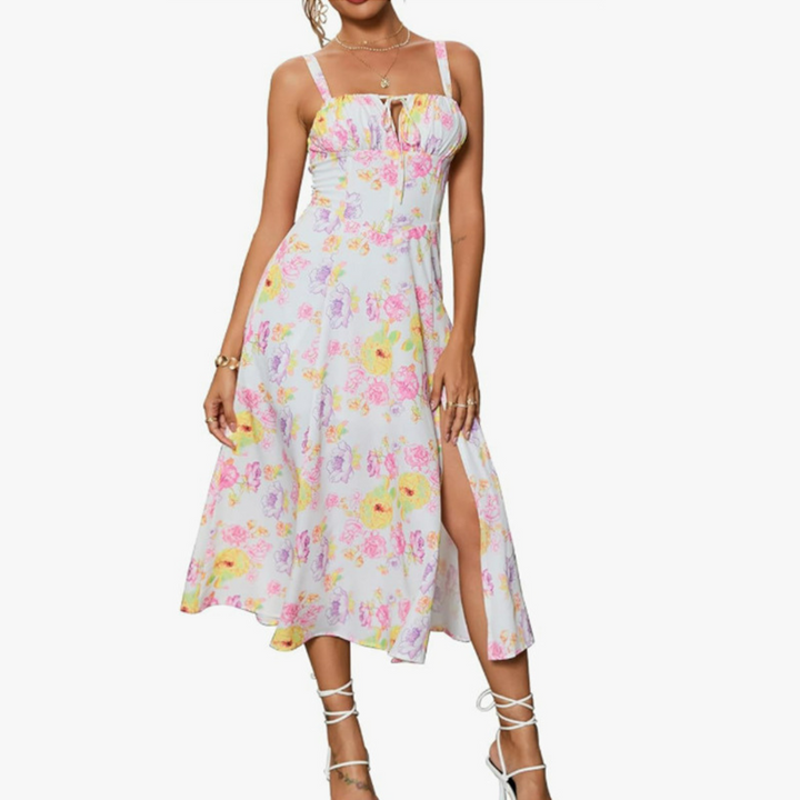 ARIELLOU™ – Elegant Lace-Up Square Neck Midi Dress