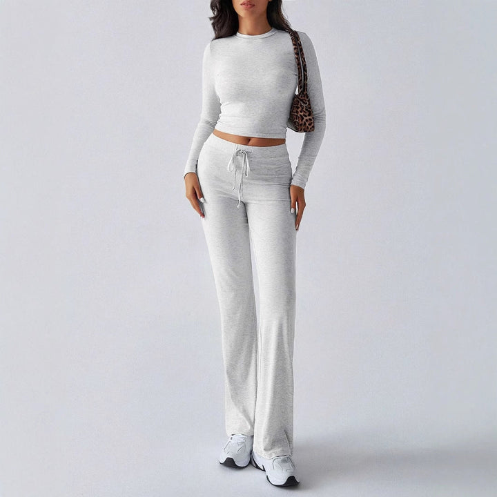 KUTIS™ - Casual Round Neck Crop Top and Drawstring High Waist Pants Set