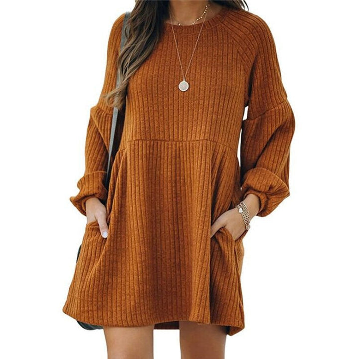 SAKA™ - Cozy Ribbed Bishop Sleeve Round Neck Mini Dress